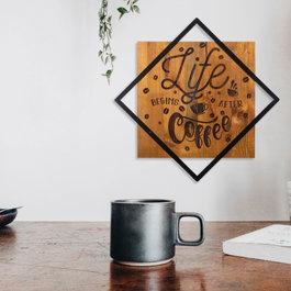 Wallity Life Begins After Coffee - Escultura de pared de madera y metal en nogal y negro